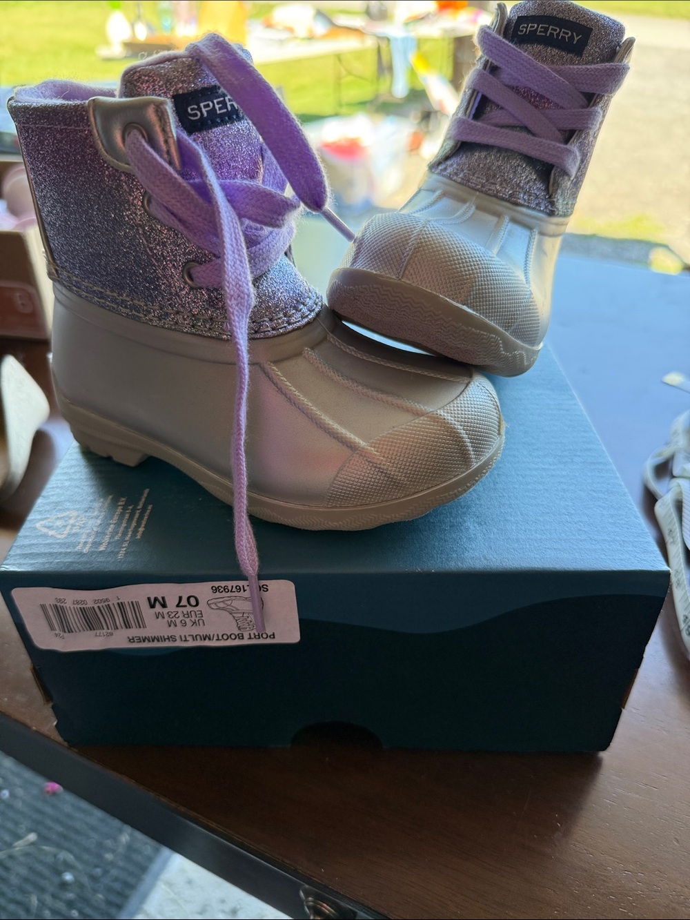 Sperry Kids Silver Duck Boots with Purple Glitter Upper